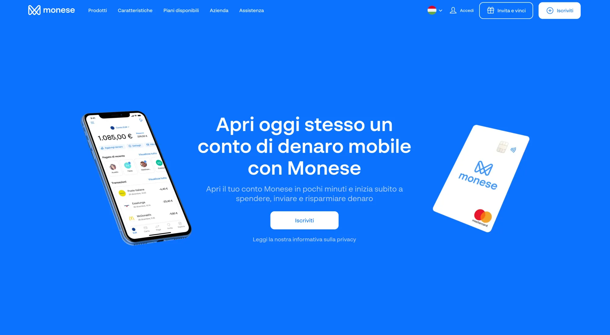 homepage di Monese, banca per viaggiatori italiani