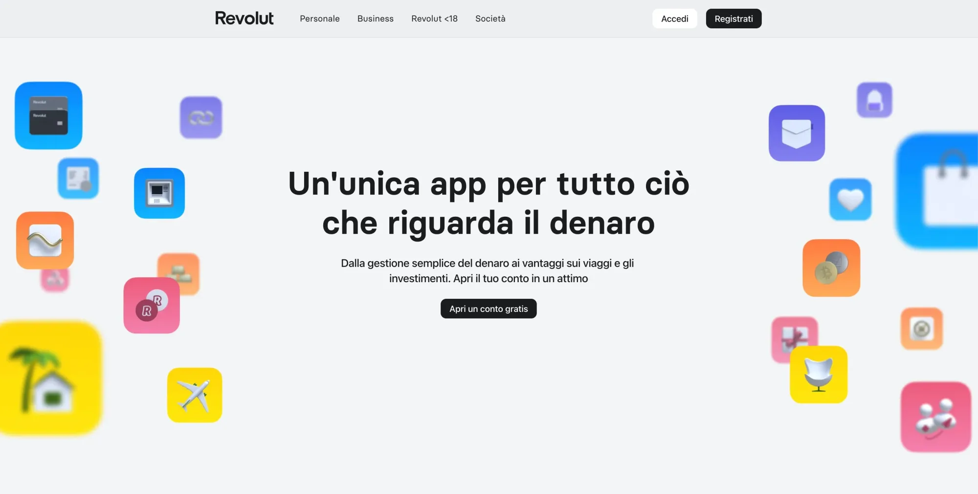 homepage di Revolut, banca per viaggiatori italiani