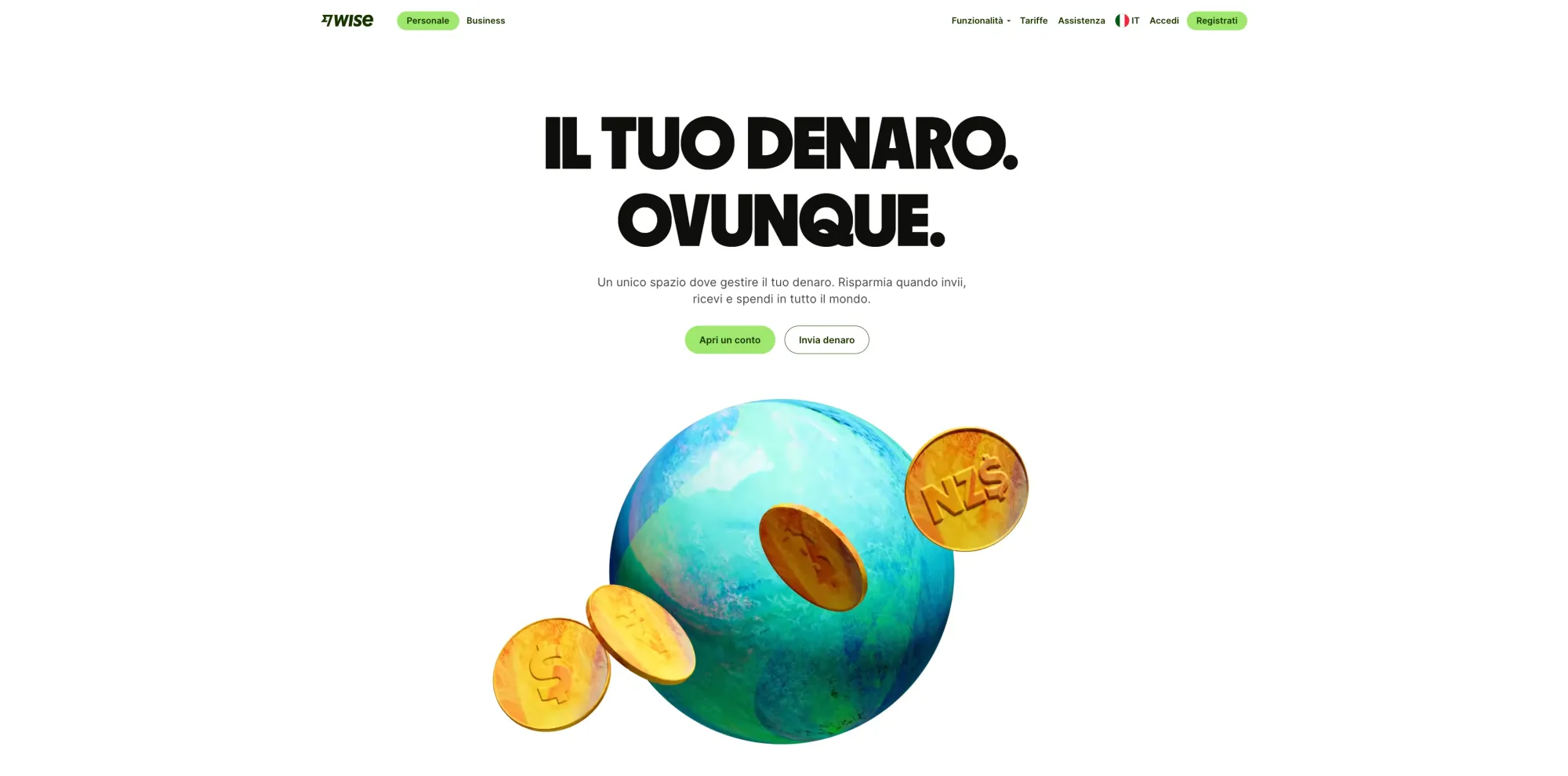 homepage di Wise, banca per viaggiatori italiani