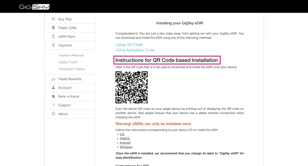 Installare l'eSIM tramite il qr code