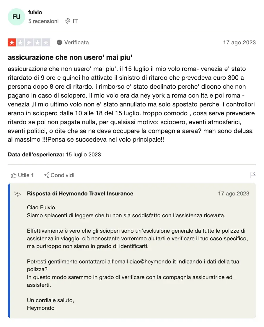 la rensione negativa di Heymondo da parte di un utente su Trustpilot