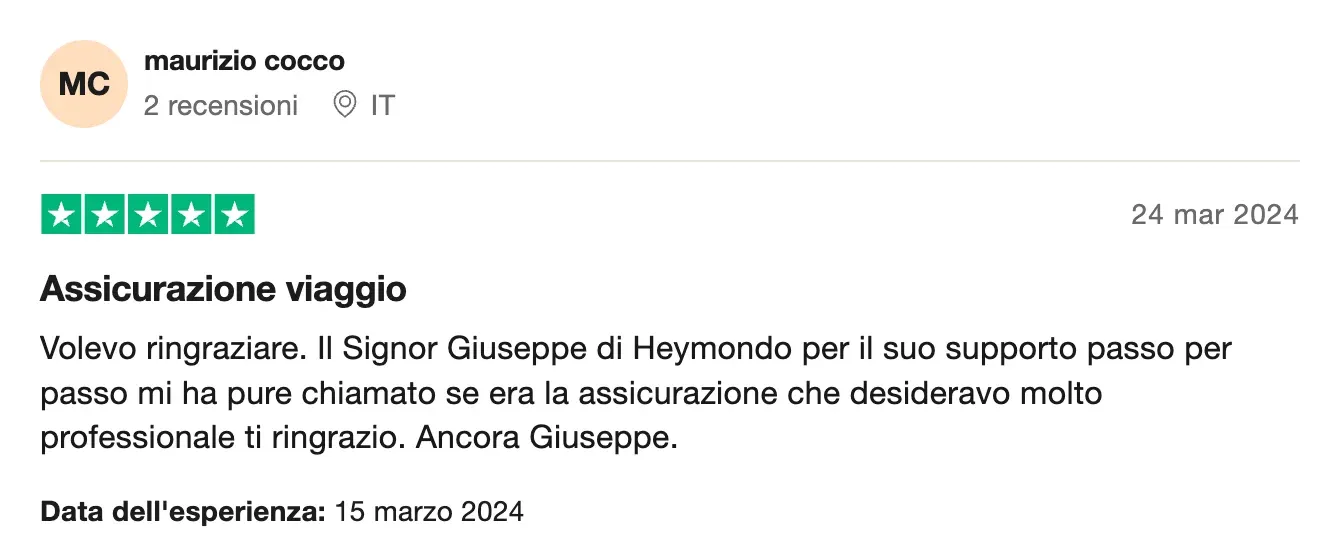 la rensione positiva di Heymondo da parte di un utente su Trustpilot