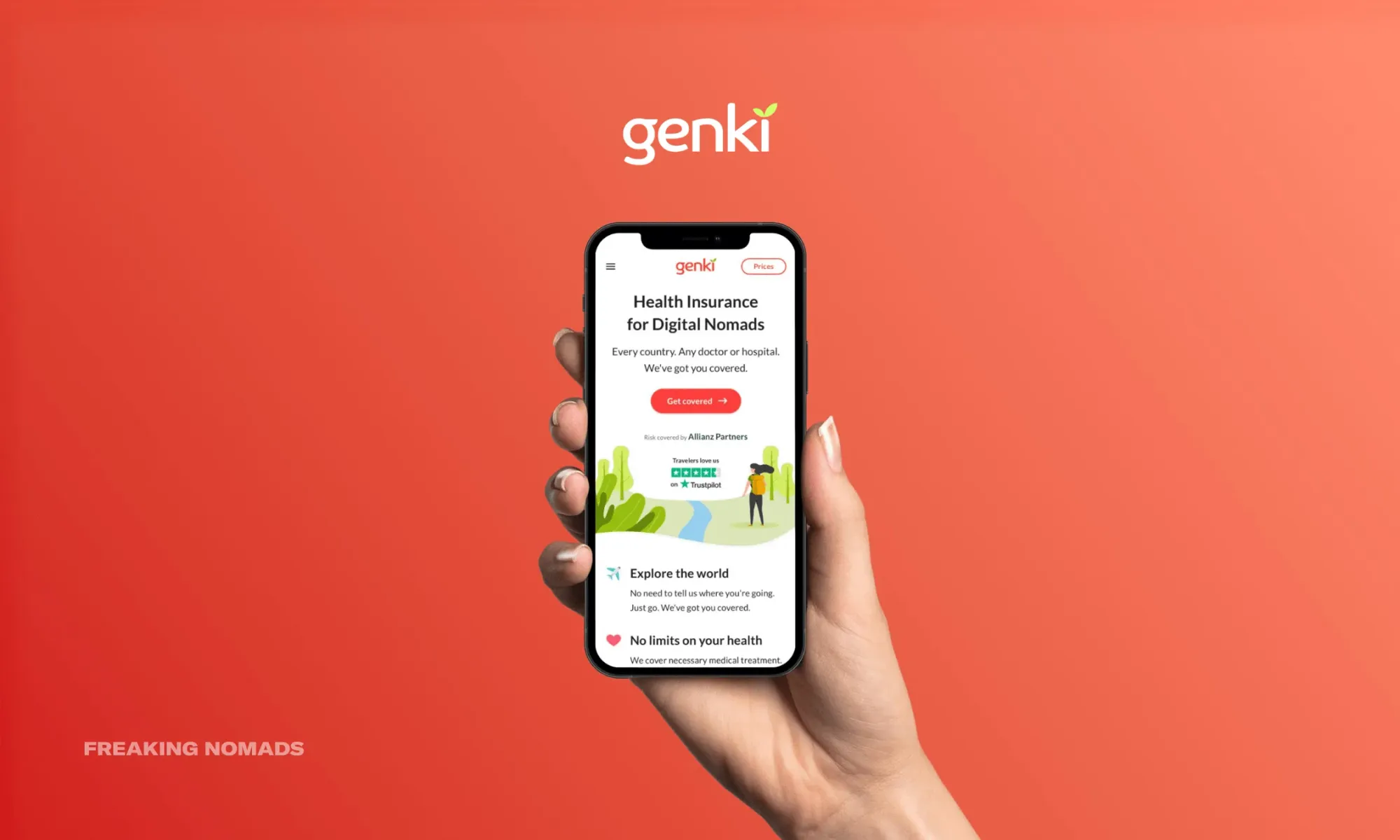 Sito web di Genki Assicurazione di viaggio su un iPhone sorretto da una mano umana