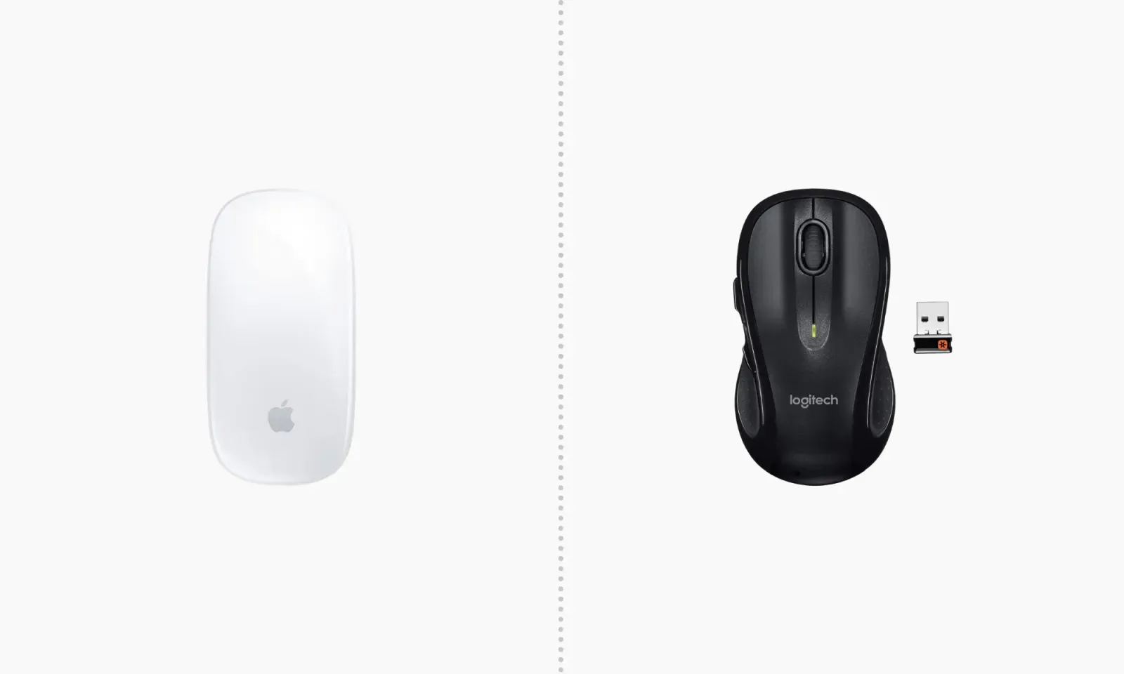 Il mouse Apple Magic Mouse a sinistra ed il mouse wireless Logitech M510 a destra