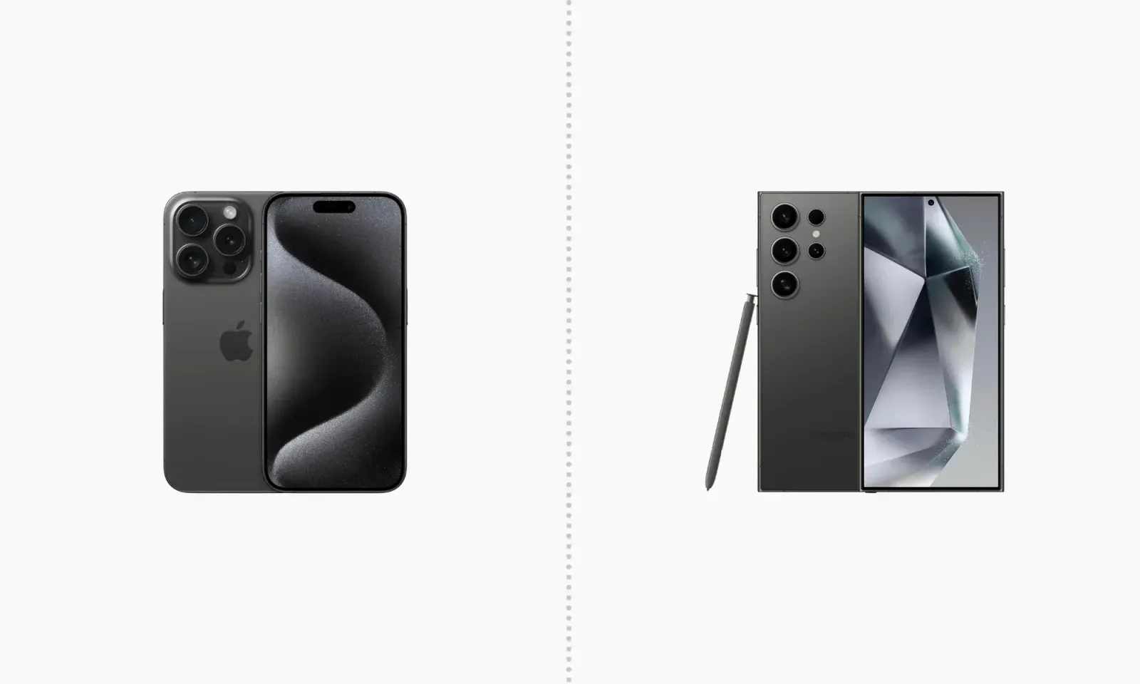 un iPhone 15 Pro a sinistra) ed un Samsung Galaxy S24 Ultra a destra