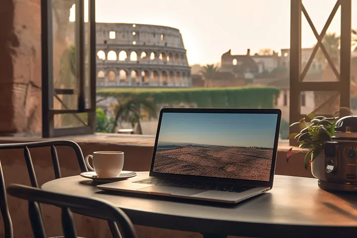 Immagine di un laptop con vista sul Colosseo in Roma, Italia